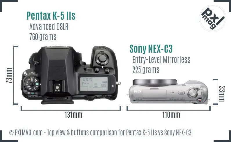 Pentax K-5 IIs vs Sony NEX-C3 top view buttons comparison