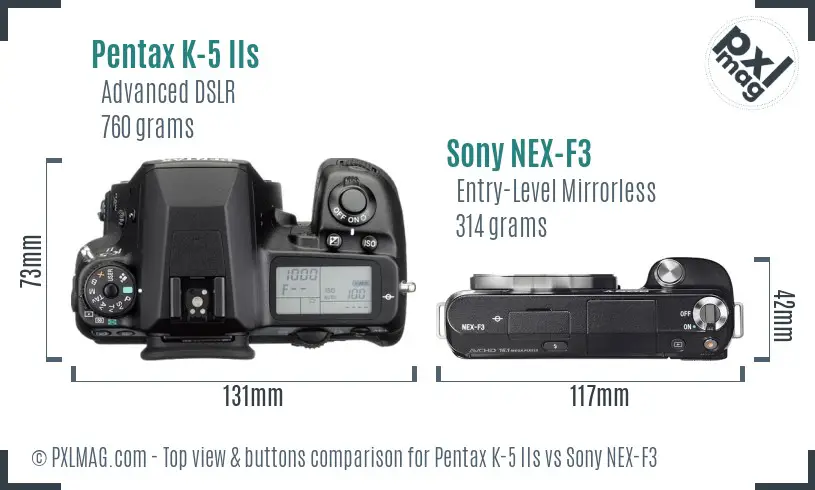 Pentax K-5 IIs vs Sony NEX-F3 top view buttons comparison Pentax K-5 IIs vs Sony NEX-F3 top view buttons comparison