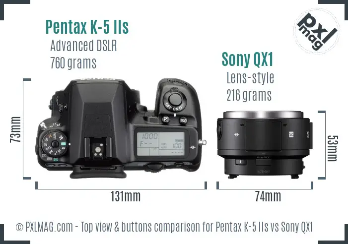Pentax K-5 IIs vs Sony QX1 top view buttons comparison