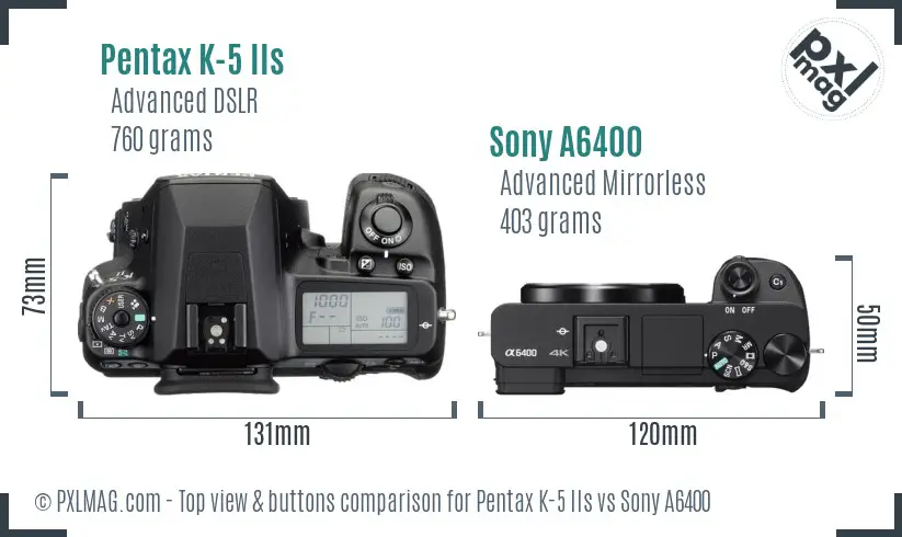 Pentax K-5 IIs vs Sony A6400 top view buttons comparison