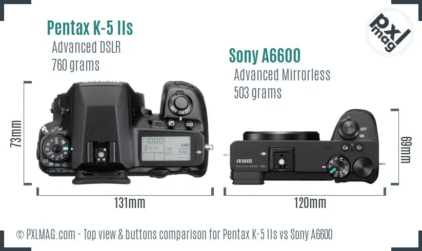 Pentax K-5 IIs vs Sony A6600 top view buttons comparison Pentax K-5 IIs vs Sony A6600 top view buttons comparison