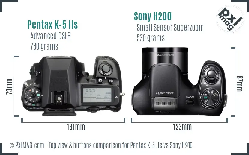 Pentax K-5 IIs vs Sony H200 top view buttons comparison