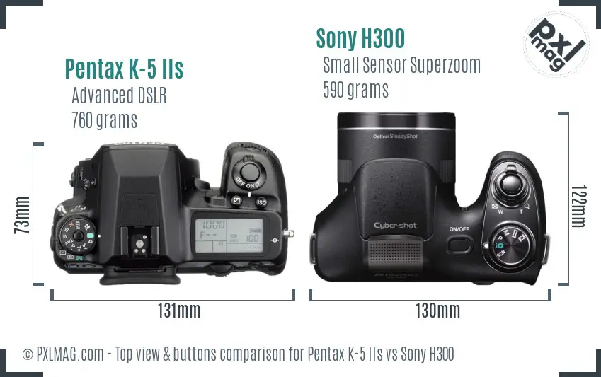 Pentax K-5 IIs vs Sony H300 top view buttons comparison