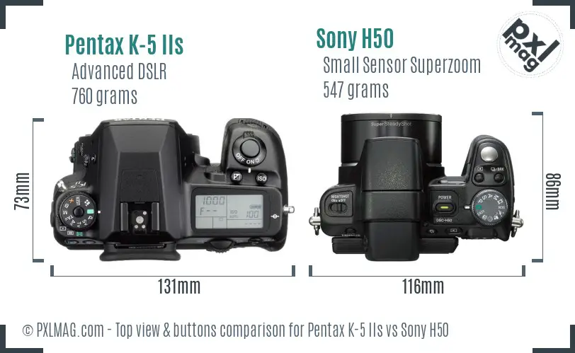 Pentax K-5 IIs vs Sony H50 top view buttons comparison Pentax K-5 IIs vs Sony H50 top view buttons comparison