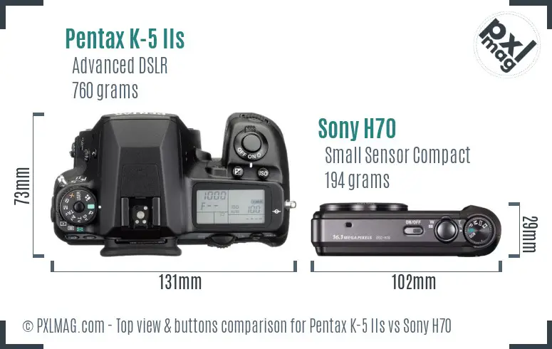 Pentax K-5 IIs vs Sony H70 top view buttons comparison