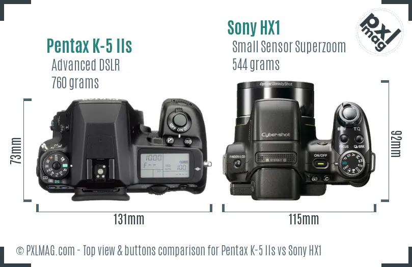 Pentax K-5 IIs vs Sony HX1 top view buttons comparison