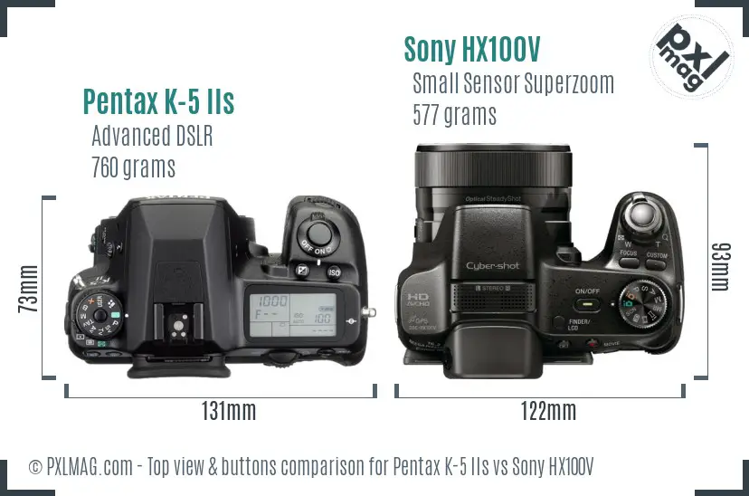 Pentax K-5 IIs vs Sony HX100V top view buttons comparison