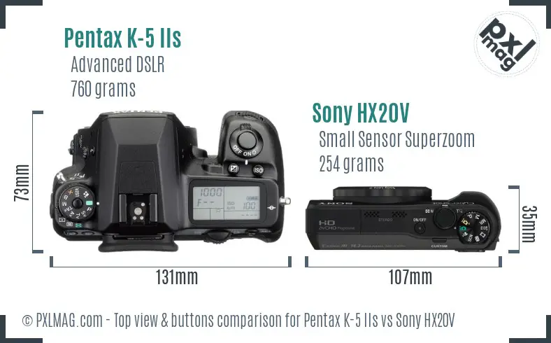 Pentax K-5 IIs vs Sony HX20V top view buttons comparison