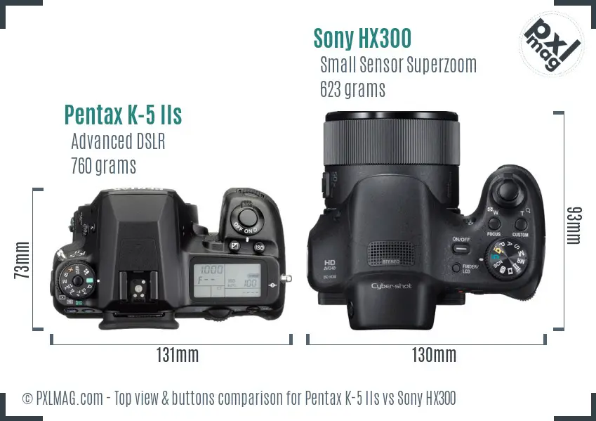 Pentax K-5 IIs vs Sony HX300 top view buttons comparison