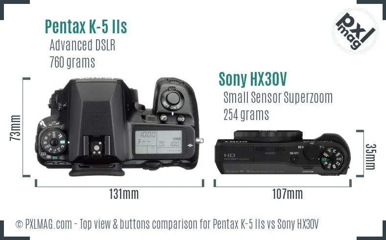 Pentax K-5 IIs vs Sony HX30V top view buttons comparison