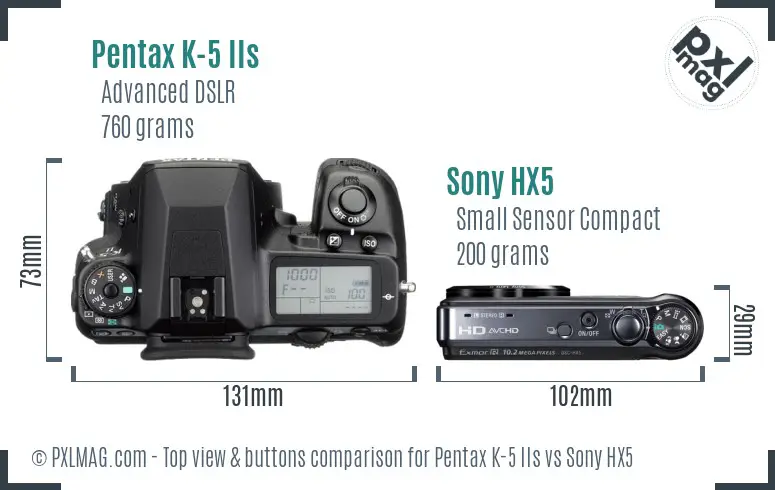 Pentax K-5 IIs vs Sony HX5 top view buttons comparison