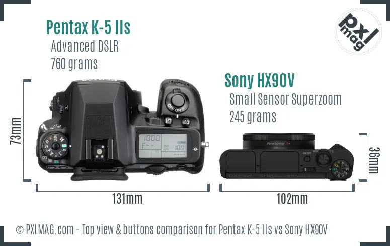 Pentax K-5 IIs vs Sony HX90V top view buttons comparison