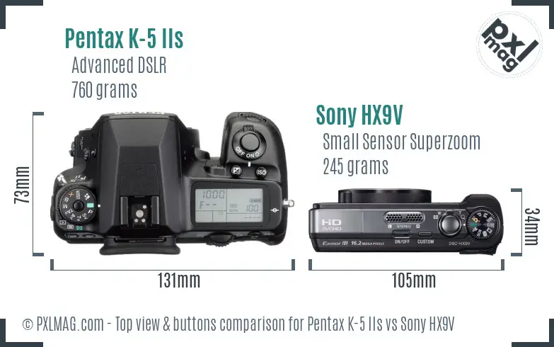 Pentax K-5 IIs vs Sony HX9V top view buttons comparison