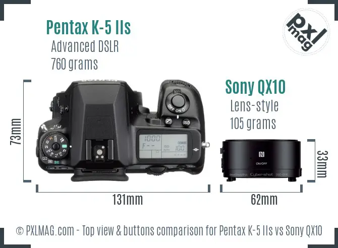 Pentax K-5 IIs vs Sony QX10 top view buttons comparison