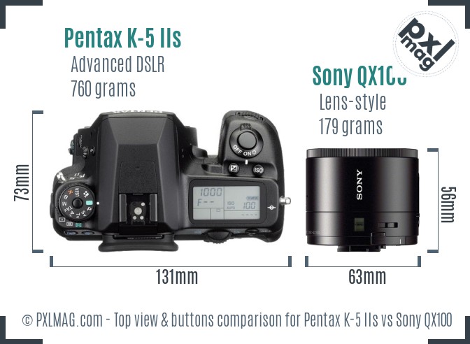 Pentax K-5 IIs vs Sony QX100 top view buttons comparison
