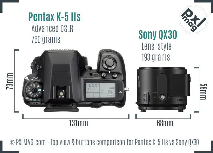 Pentax K-5 IIs vs Sony QX30 top view buttons comparison Pentax K-5 IIs vs Sony QX30 top view buttons comparison