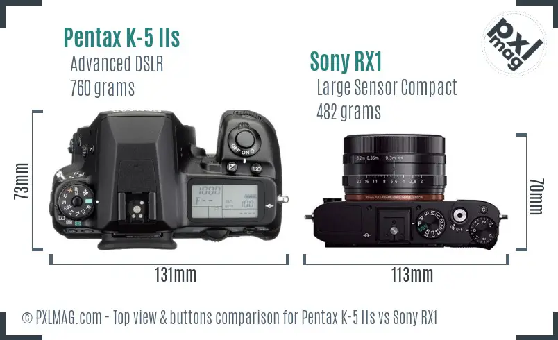 Pentax K-5 IIs vs Sony RX1 top view buttons comparison