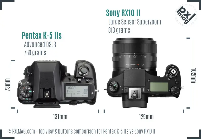 Pentax K-5 IIs vs Sony RX10 II top view buttons comparison