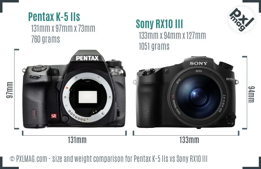 Pentax K-5 IIs vs Sony RX10 III size comparison