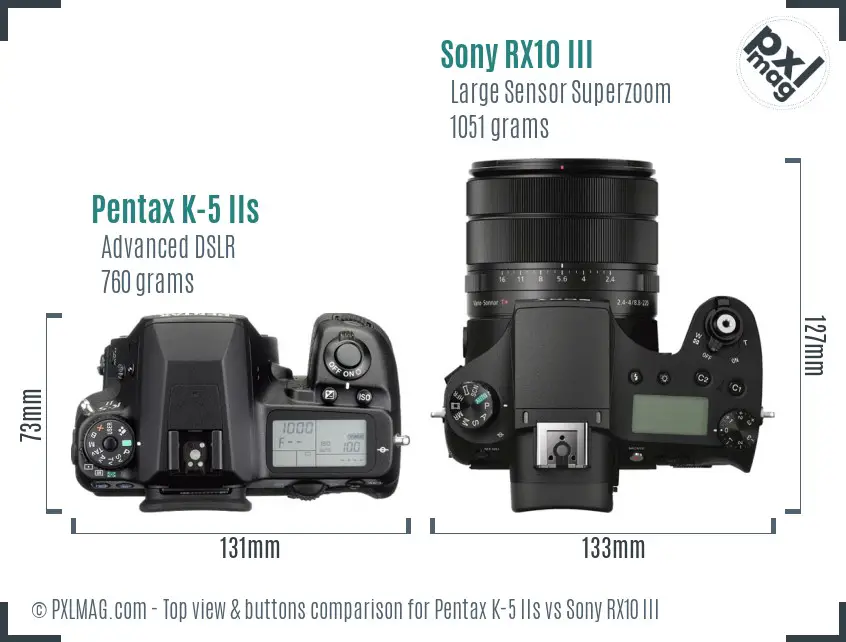 Pentax K-5 IIs vs Sony RX10 III top view buttons comparison