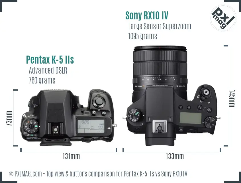 Pentax K-5 IIs vs Sony RX10 IV top view buttons comparison