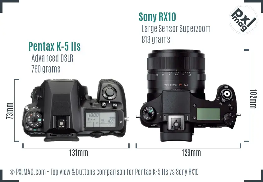 Pentax K-5 IIs vs Sony RX10 top view buttons comparison
