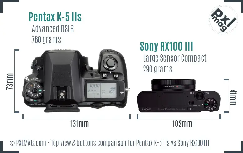 Pentax K-5 IIs vs Sony RX100 III top view buttons comparison