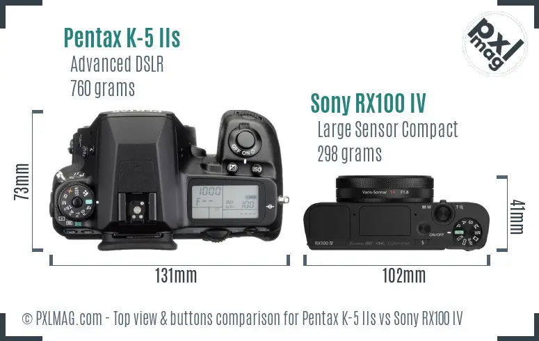 Pentax K-5 IIs vs Sony RX100 IV top view buttons comparison