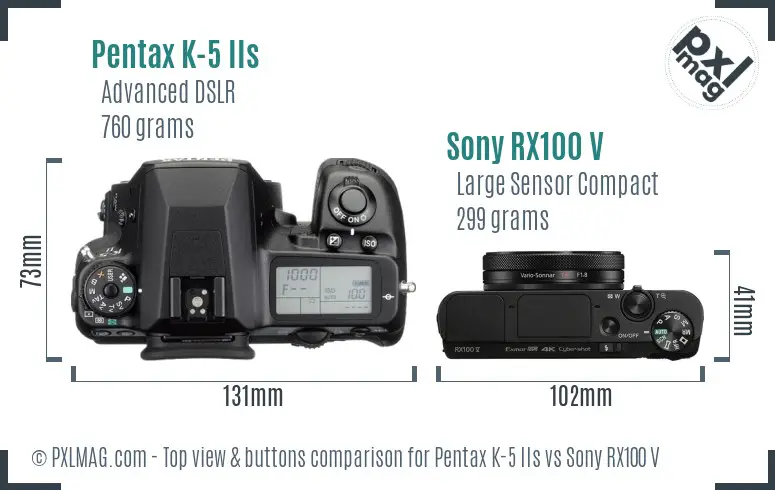 Pentax K-5 IIs vs Sony RX100 V top view buttons comparison
