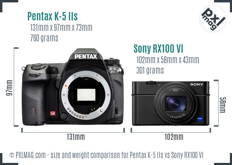 Pentax K-5 IIs vs Sony RX100 VI size comparison Pentax K-5 IIs vs Sony RX100 VI size comparison