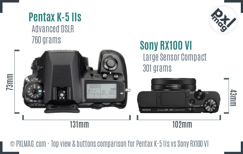 Pentax K-5 IIs vs Sony RX100 VI top view buttons comparison