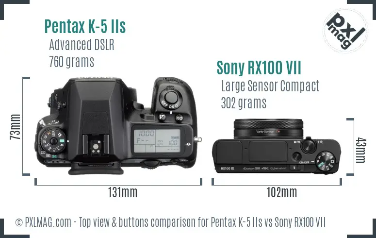 Pentax K-5 IIs vs Sony RX100 VII top view buttons comparison
