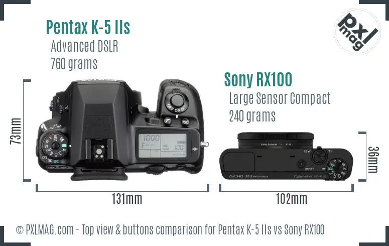 Pentax K-5 IIs vs Sony RX100 top view buttons comparison