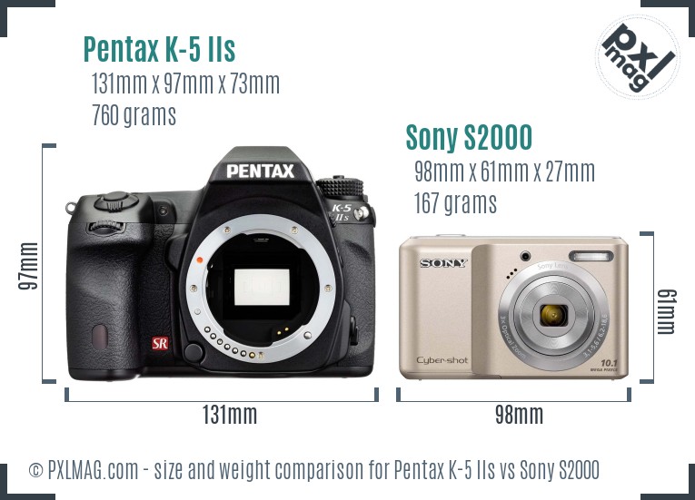 Pentax K-5 IIs vs Sony S2000 size comparison Pentax K-5 IIs vs Sony S2000 size comparison