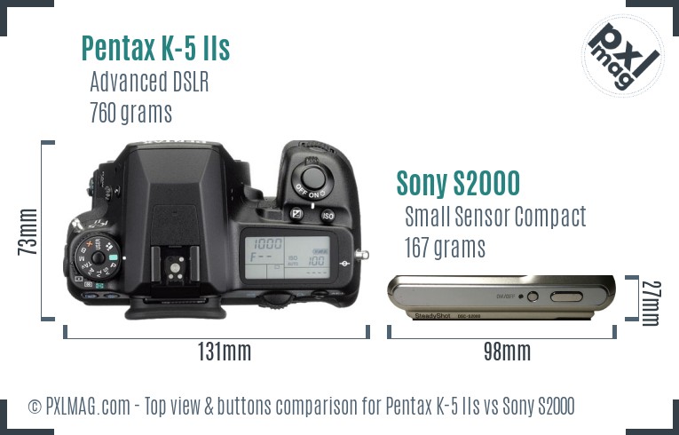 Pentax K-5 IIs vs Sony S2000 top view buttons comparison