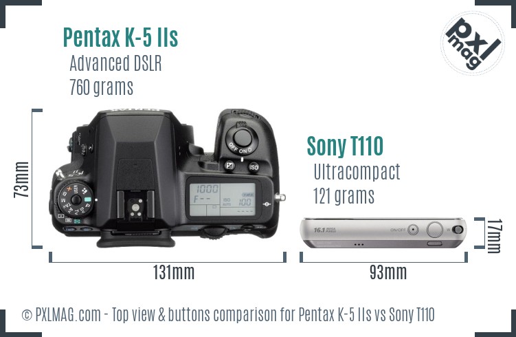 Pentax K-5 IIs vs Sony T110 top view buttons comparison