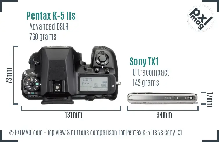 Pentax K-5 IIs vs Sony TX1 top view buttons comparison