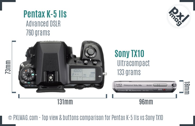 Pentax K-5 IIs vs Sony TX10 top view buttons comparison