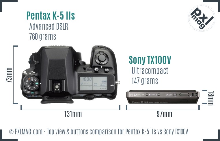 Pentax K-5 IIs vs Sony TX100V top view buttons comparison