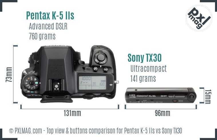 Pentax K-5 IIs vs Sony TX30 top view buttons comparison