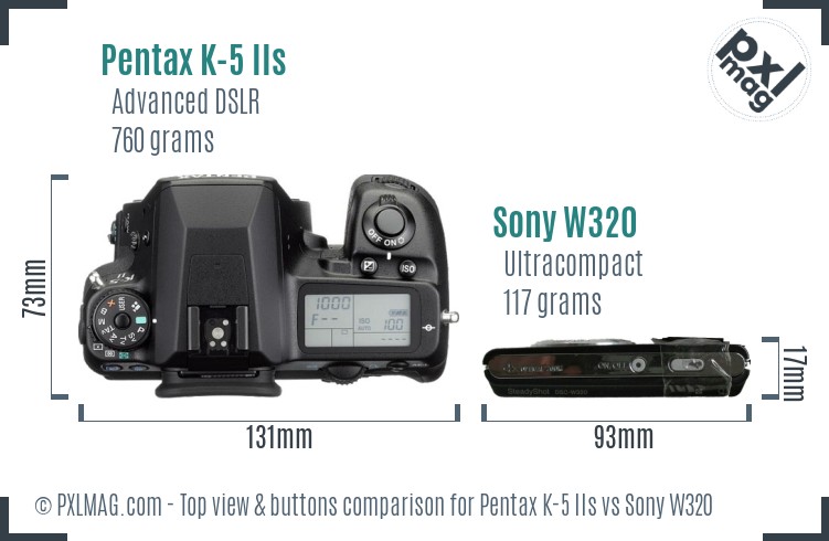 Pentax K-5 IIs vs Sony W320 top view buttons comparison
