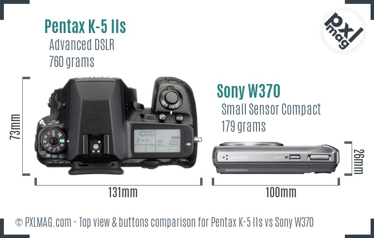 Pentax K-5 IIs vs Sony W370 top view buttons comparison