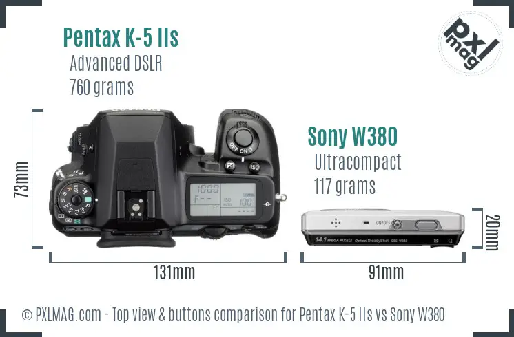 Pentax K-5 IIs vs Sony W380 top view buttons comparison Pentax K-5 IIs vs Sony W380 top view buttons comparison
