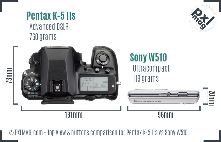 Pentax K-5 IIs vs Sony W510 top view buttons comparison