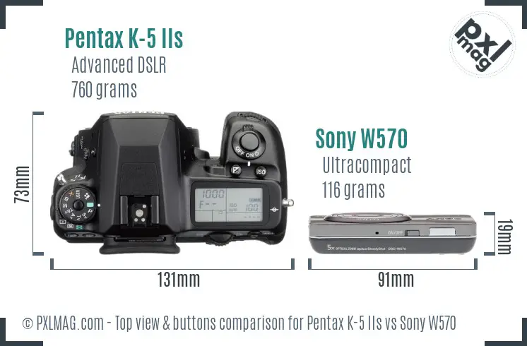 Pentax K-5 IIs vs Sony W570 top view buttons comparison Pentax K-5 IIs vs Sony W570 top view buttons comparison