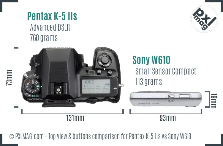 Pentax K-5 IIs vs Sony W610 top view buttons comparison