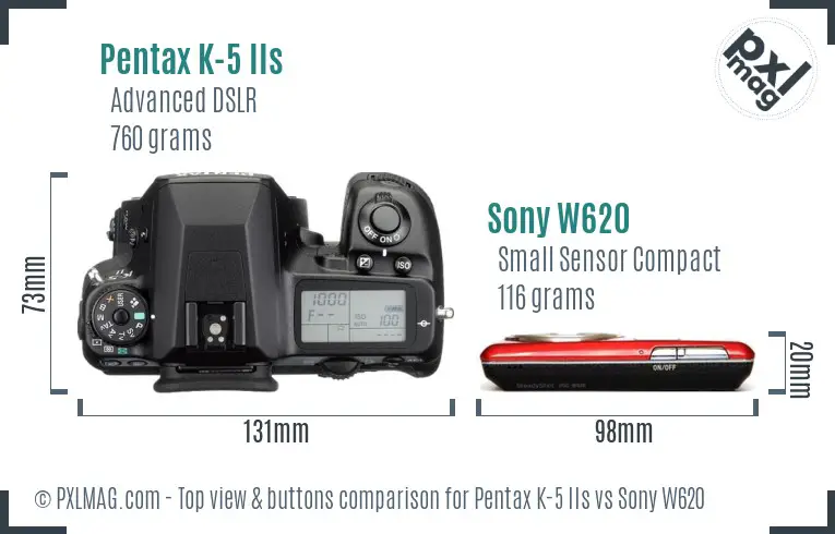 Pentax K-5 IIs vs Sony W620 top view buttons comparison