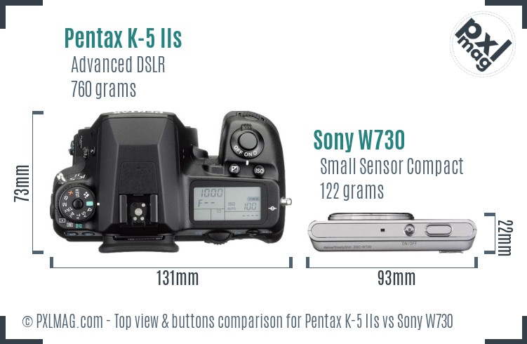 Pentax K-5 IIs vs Sony W730 top view buttons comparison