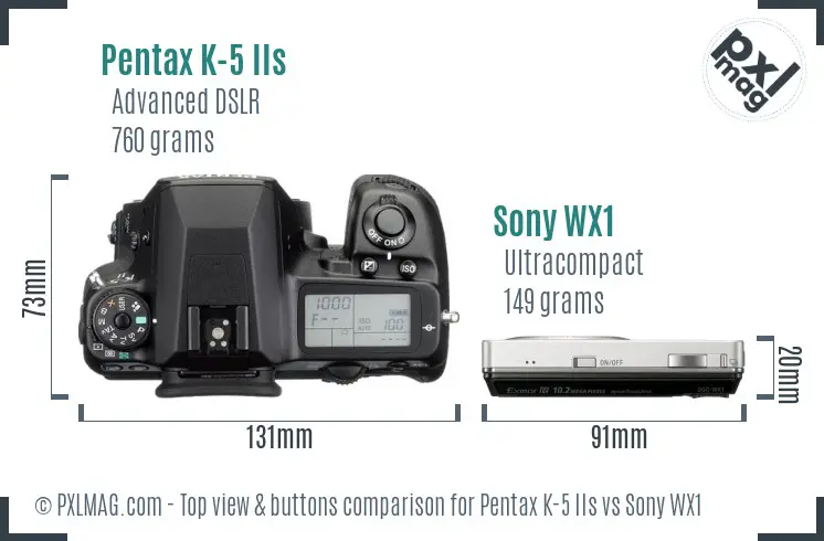 Pentax K-5 IIs vs Sony WX1 top view buttons comparison