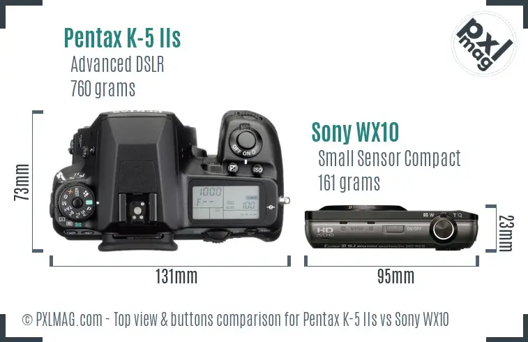 Pentax K-5 IIs vs Sony WX10 top view buttons comparison Pentax K-5 IIs vs Sony WX10 top view buttons comparison